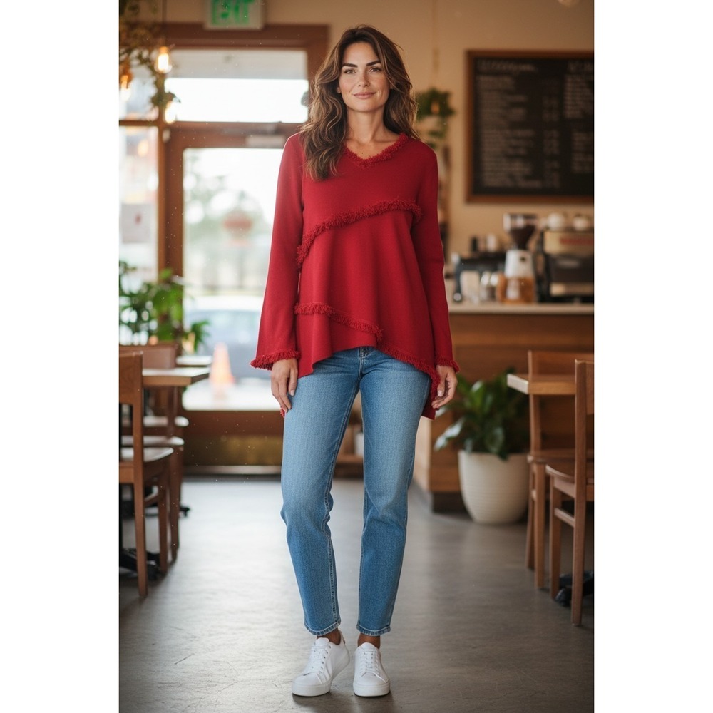 Grace Dane Lewis Sweater Red Fringe Trim V Neck Womens 1X NWT Top